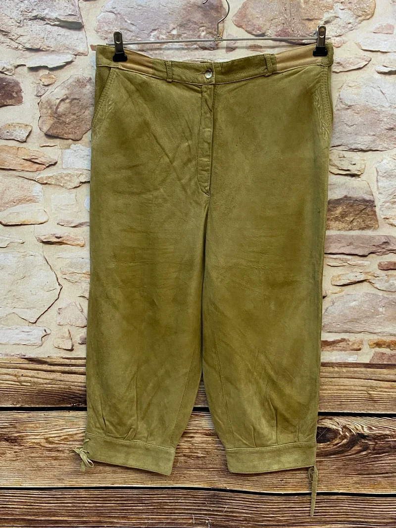 Vintage Damen Kniebundlederhose Gr. 42 oliv – 3/4-Länge