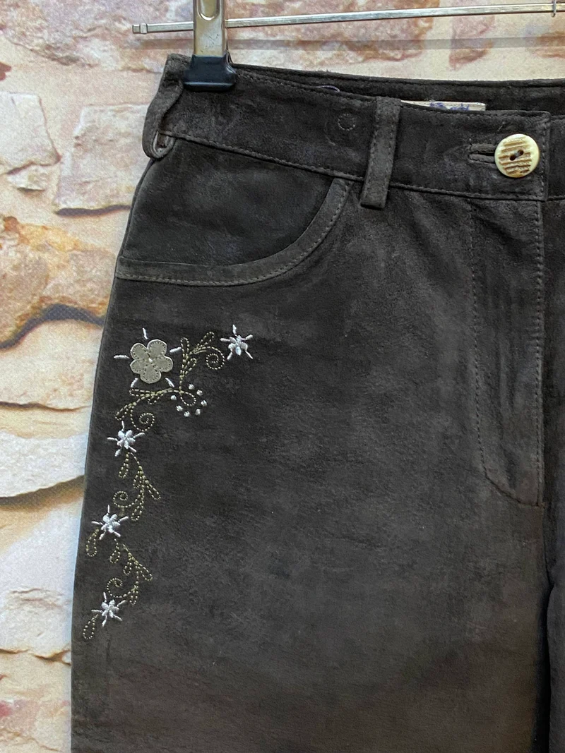 Vintage Damen Kniebundlederhose Gr. 36 – Dunkelbraun mit Stickerei