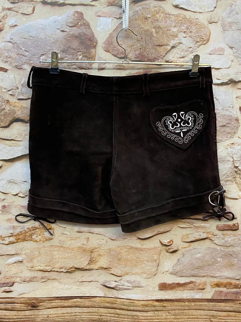Kurze Vintage Damen Lederhose Braun bestickt – Gr. L