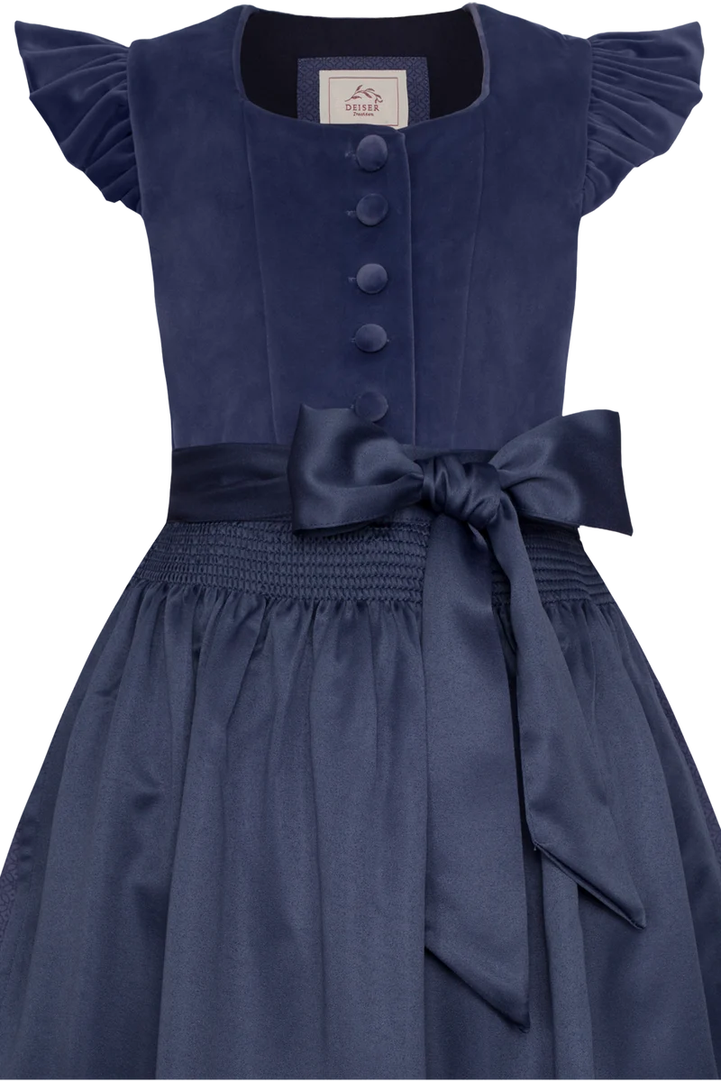 Kinderdirndl mit Veloursoberteil und Flügelärmel - taubenblau