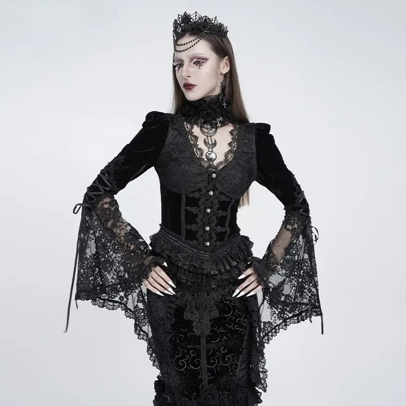 Schwarze Gothic-Bluse für Damen mit tiefem V-Ausschnitt, Schnürung, floraler Spitze und ausgestellten Ärmeln