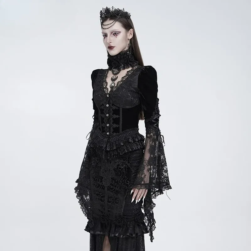 Schwarze Gothic-Bluse für Damen mit tiefem V-Ausschnitt, Schnürung, floraler Spitze und ausgestellten Ärmeln