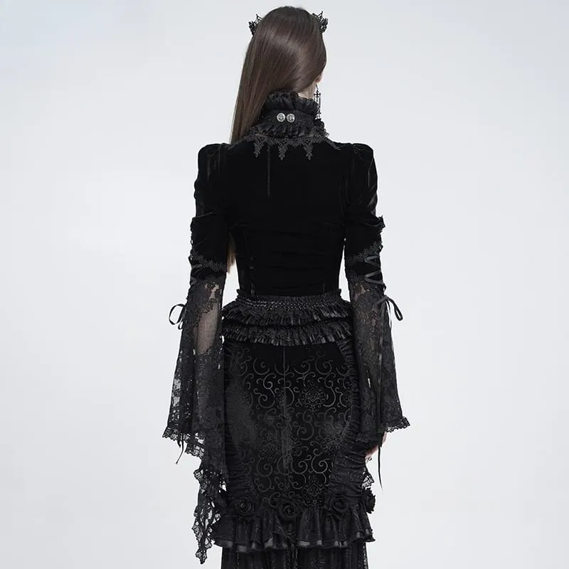 Schwarze Gothic-Bluse für Damen mit tiefem V-Ausschnitt, Schnürung, floraler Spitze und ausgestellten Ärmeln
