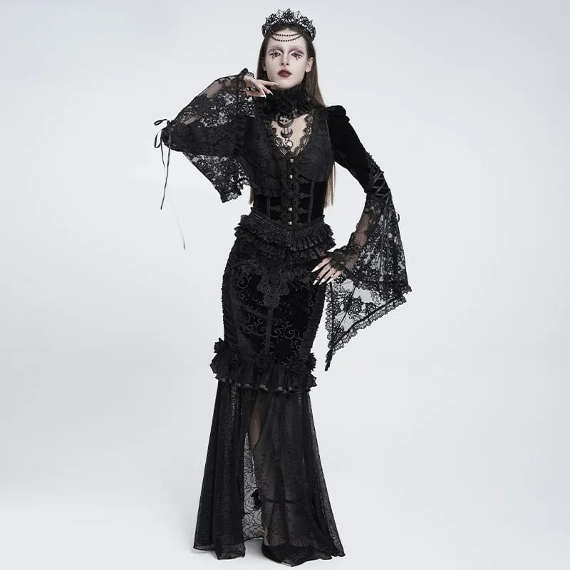 Schwarze Gothic-Bluse für Damen mit tiefem V-Ausschnitt, Schnürung, floraler Spitze und ausgestellten Ärmeln