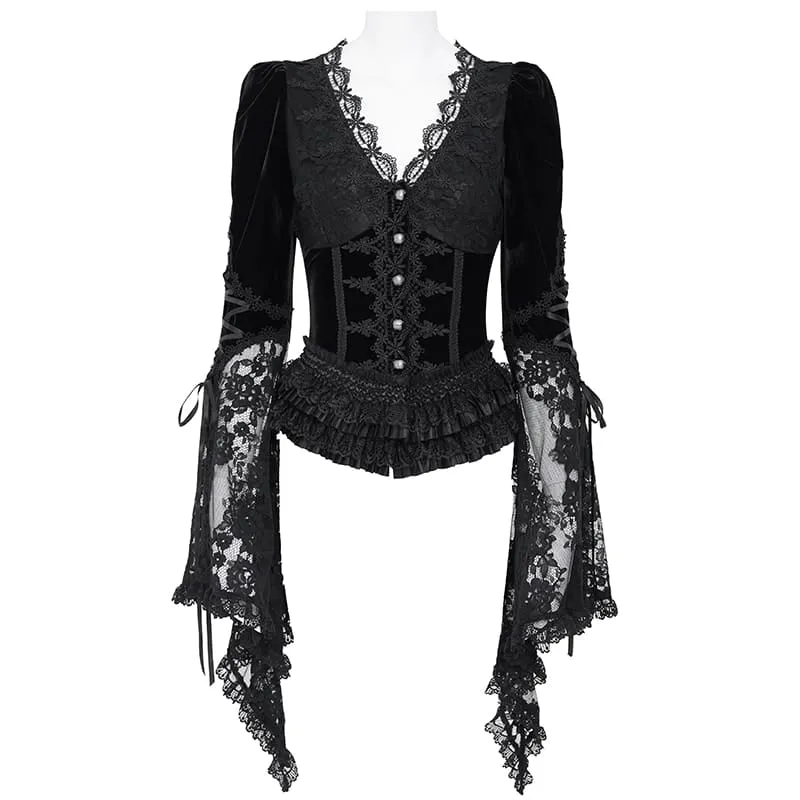 Schwarze Gothic-Bluse für Damen mit tiefem V-Ausschnitt, Schnürung, floraler Spitze und ausgestellten Ärmeln