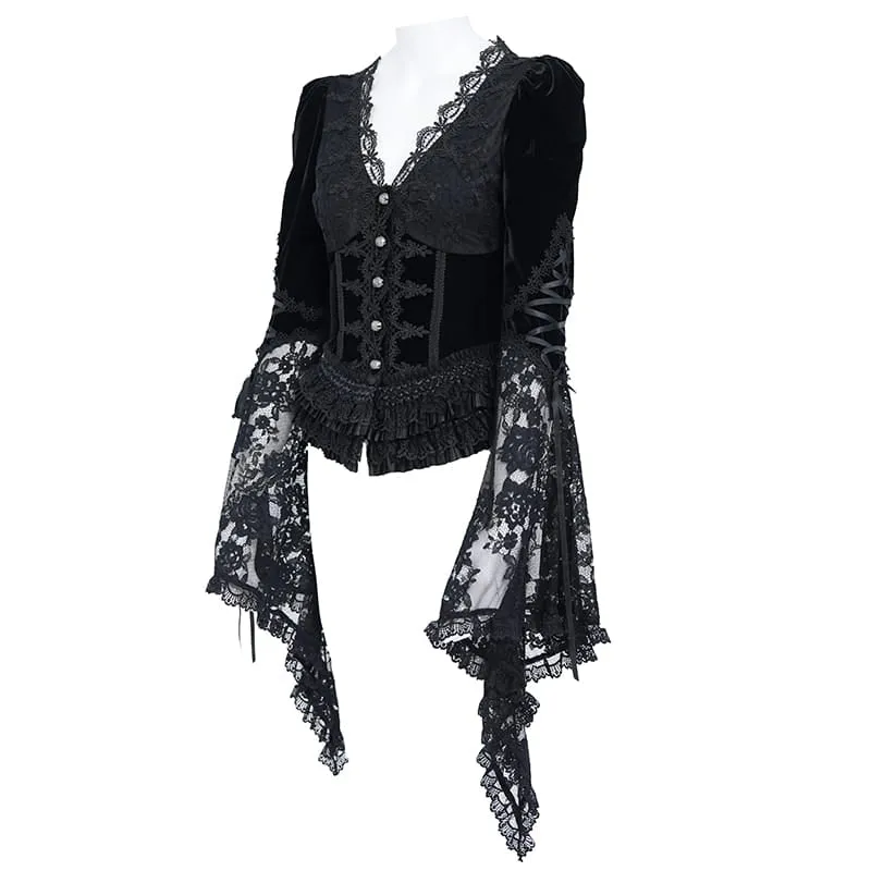 Schwarze Gothic-Bluse für Damen mit tiefem V-Ausschnitt, Schnürung, floraler Spitze und ausgestellten Ärmeln