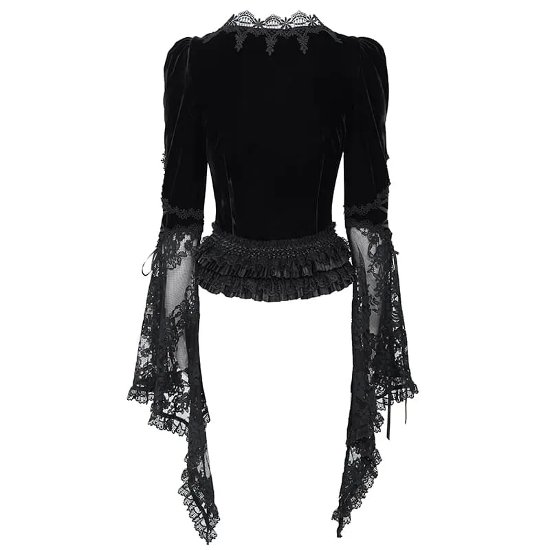 Schwarze Gothic-Bluse für Damen mit tiefem V-Ausschnitt, Schnürung, floraler Spitze und ausgestellten Ärmeln