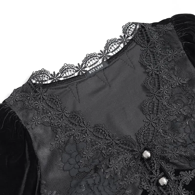 Schwarze Gothic-Bluse für Damen mit tiefem V-Ausschnitt, Schnürung, floraler Spitze und ausgestellten Ärmeln
