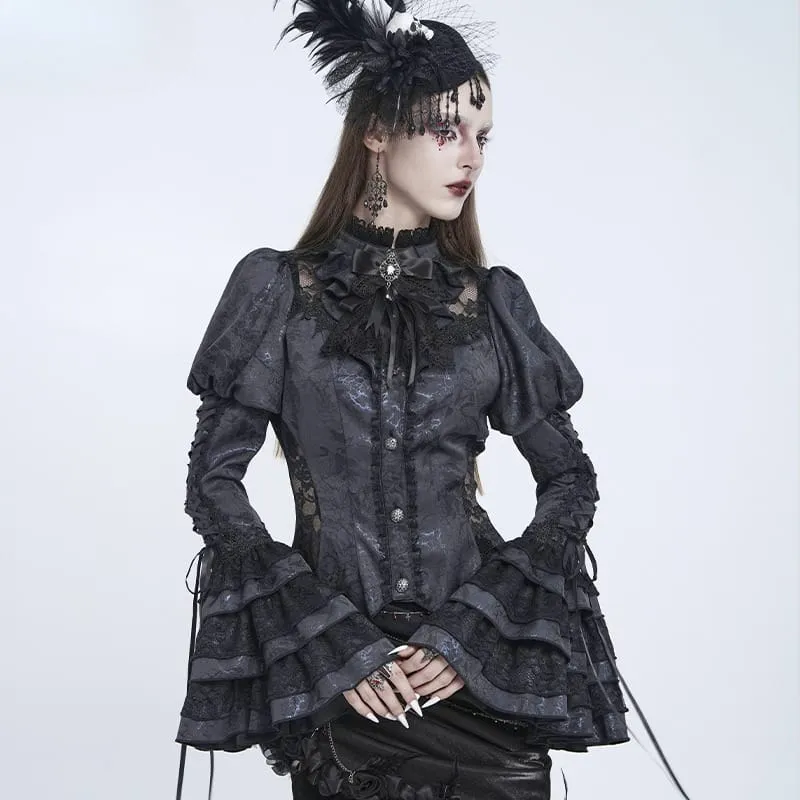 Gothic-Bluse für Damen mit floralem Spitzen-Patchwork, Schnürung und ausgestellten Puffärmeln