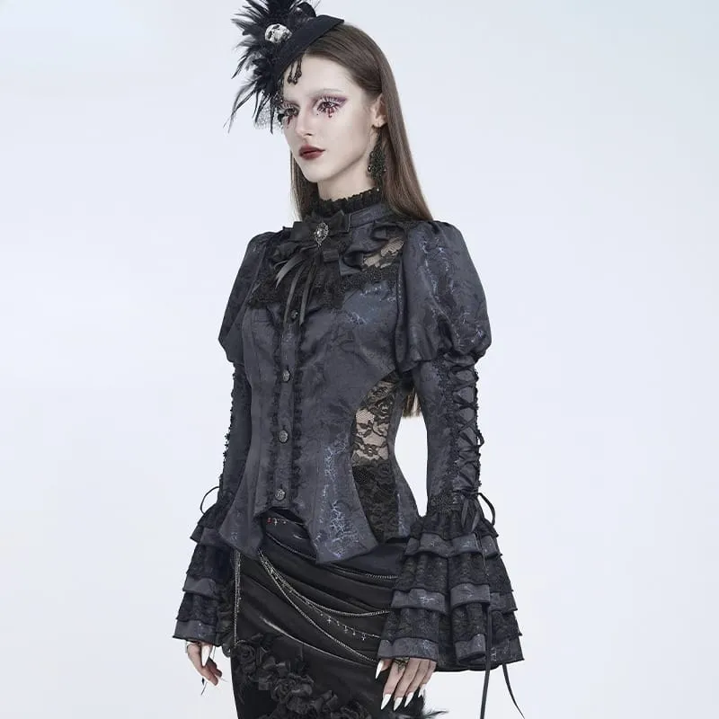 Gothic-Bluse für Damen mit floralem Spitzen-Patchwork, Schnürung und ausgestellten Puffärmeln