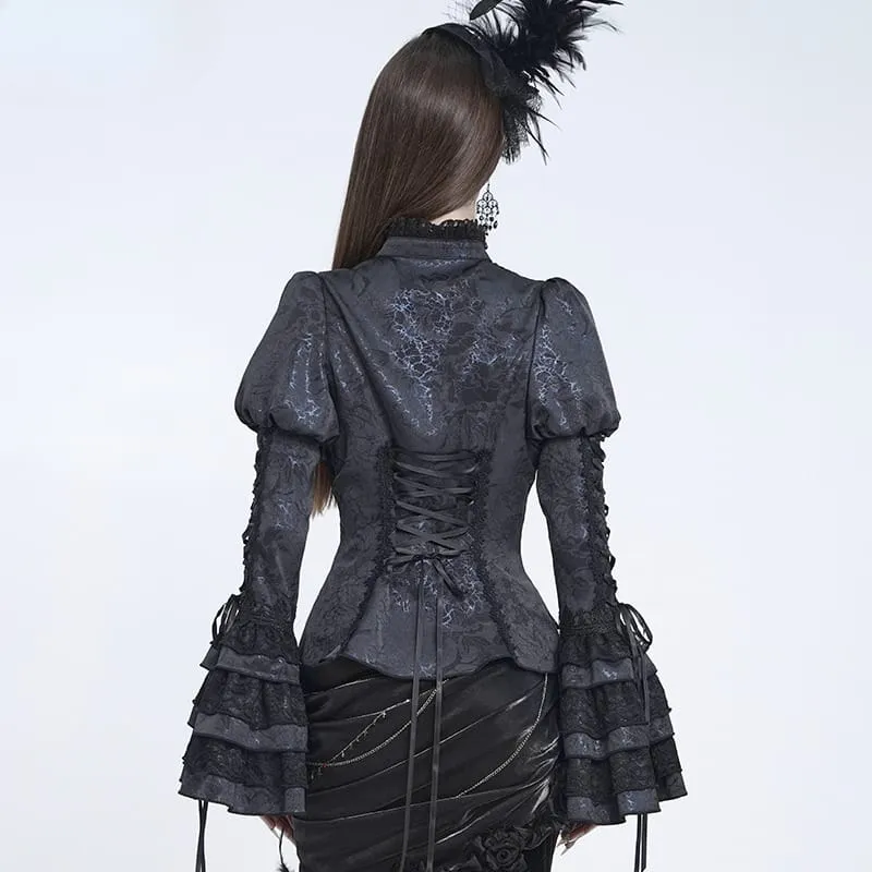 Gothic-Bluse für Damen mit floralem Spitzen-Patchwork, Schnürung und ausgestellten Puffärmeln