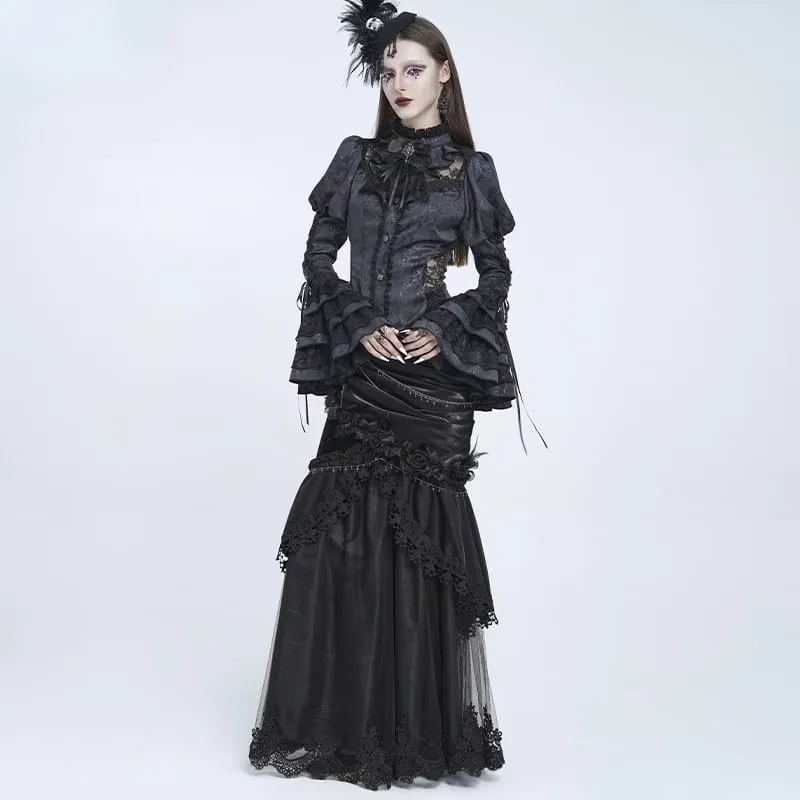 Gothic-Bluse für Damen mit floralem Spitzen-Patchwork, Schnürung und ausgestellten Puffärmeln