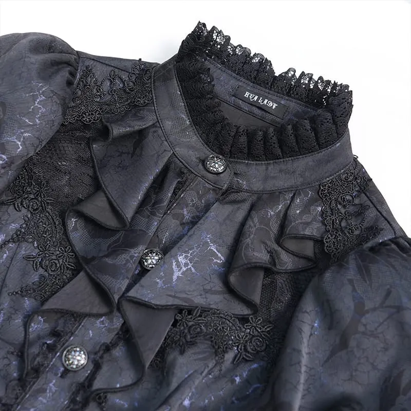 Gothic-Bluse für Damen mit floralem Spitzen-Patchwork, Schnürung und ausgestellten Puffärmeln