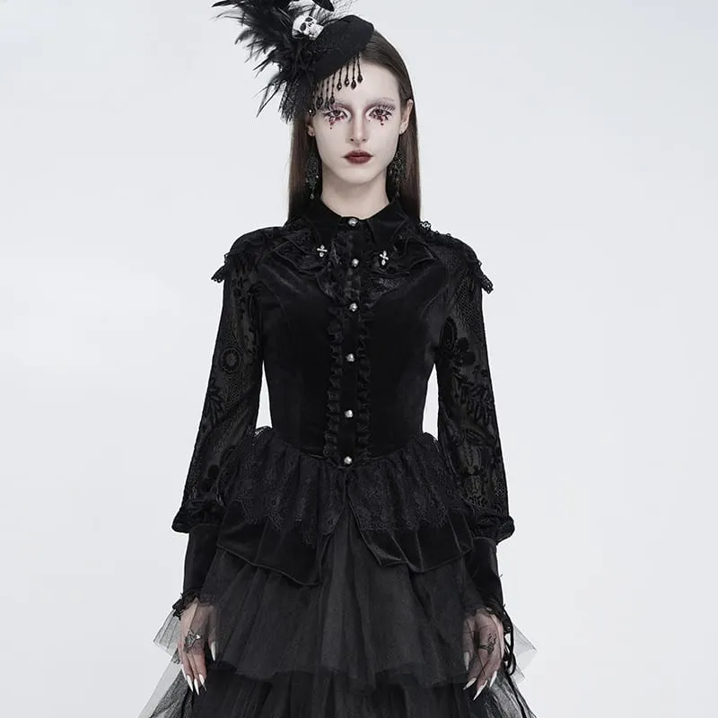 Gothic-Bluse für Damen mit Schnürung, Rüschenkragen und langen Ärmeln