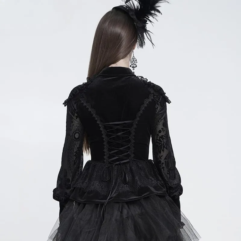 Gothic-Bluse für Damen mit Schnürung, Rüschenkragen und langen Ärmeln
