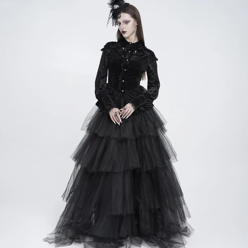 Gothic-Bluse für Damen mit Schnürung, Rüschenkragen und langen Ärmeln