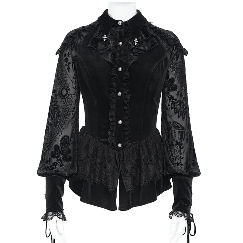 Gothic-Bluse für Damen mit Schnürung, Rüschenkragen und langen Ärmeln