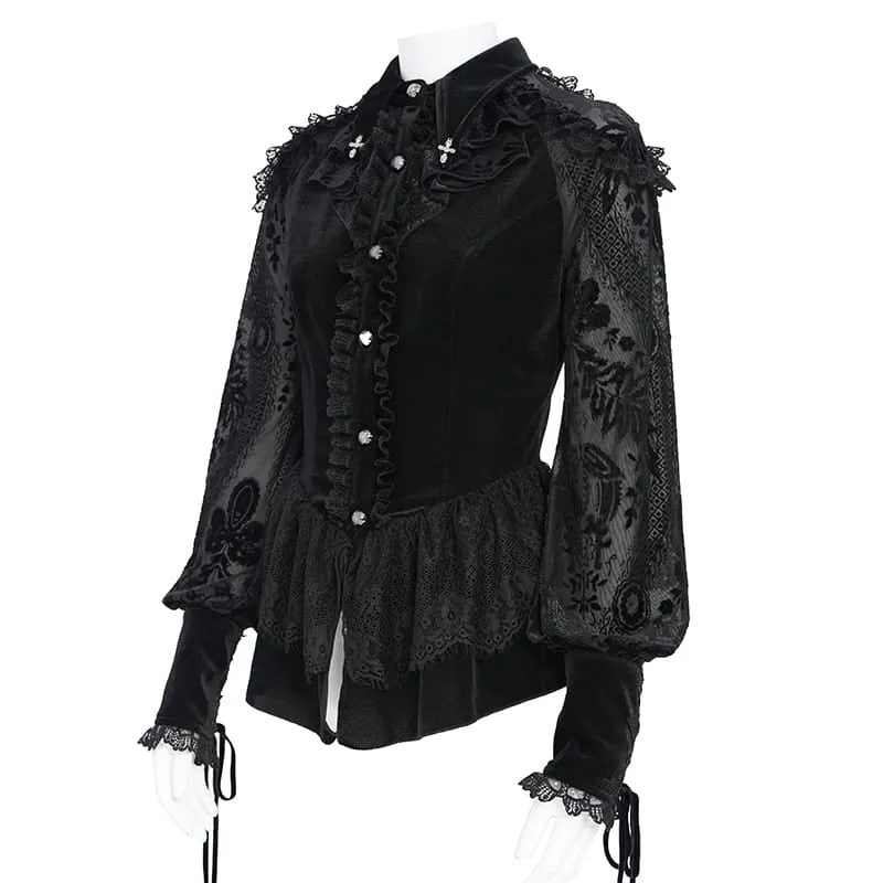 Gothic-Bluse für Damen mit Schnürung, Rüschenkragen und langen Ärmeln