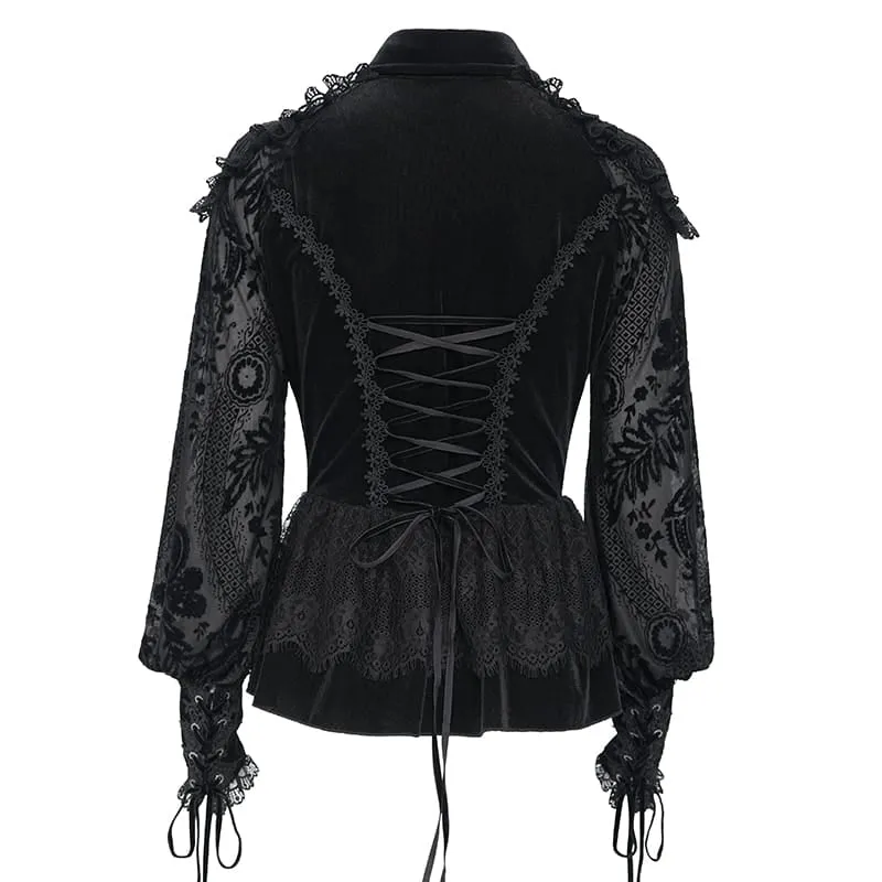 Gothic-Bluse für Damen mit Schnürung, Rüschenkragen und langen Ärmeln