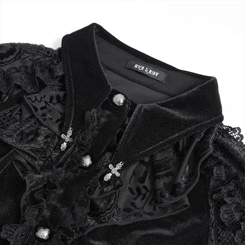 Gothic-Bluse für Damen mit Schnürung, Rüschenkragen und langen Ärmeln