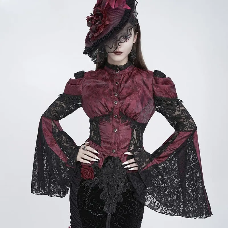 Gothic-Bluse für Damen mit floralem Spitzen-Patchwork und Jacquard-Muster sowie ausgestellten Ärmeln