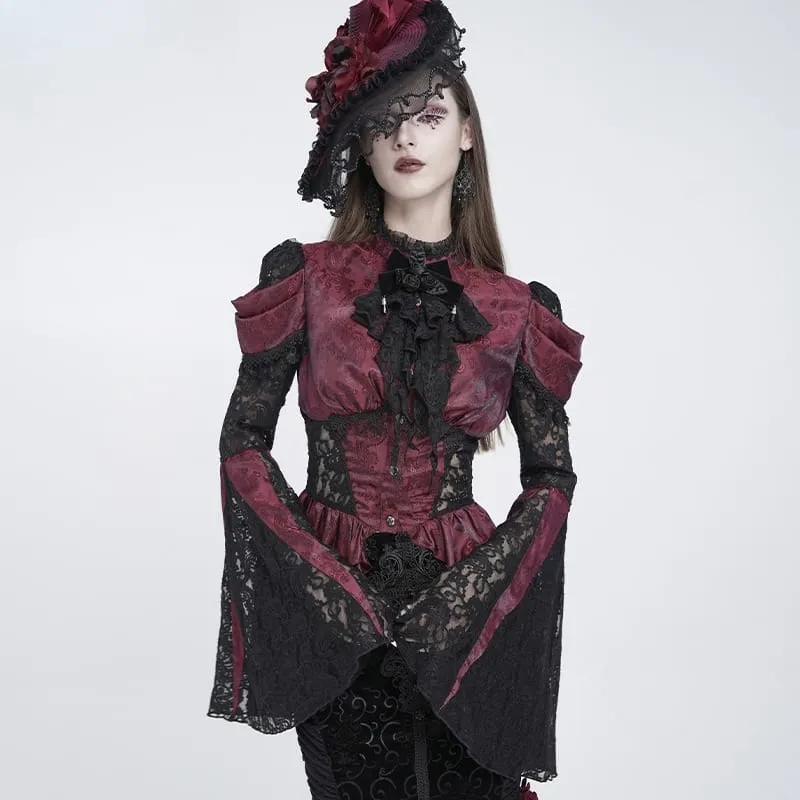 Gothic-Bluse für Damen mit floralem Spitzen-Patchwork und Jacquard-Muster sowie ausgestellten Ärmeln