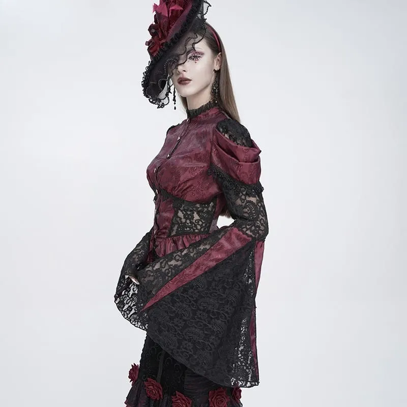 Gothic-Bluse für Damen mit floralem Spitzen-Patchwork und Jacquard-Muster sowie ausgestellten Ärmeln