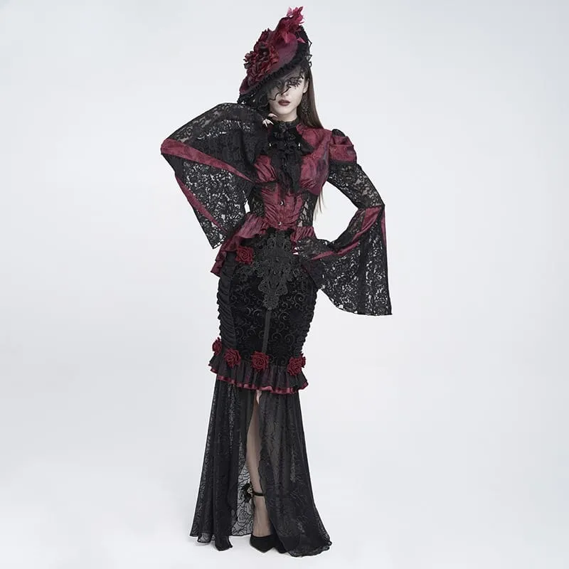 Gothic-Bluse für Damen mit floralem Spitzen-Patchwork und Jacquard-Muster sowie ausgestellten Ärmeln