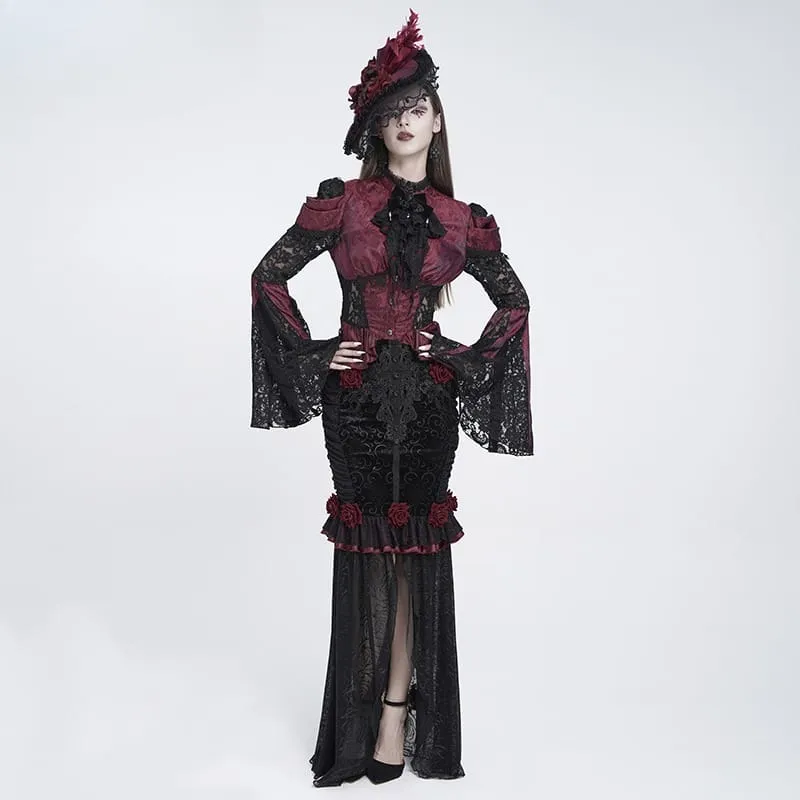 Gothic-Bluse für Damen mit floralem Spitzen-Patchwork und Jacquard-Muster sowie ausgestellten Ärmeln