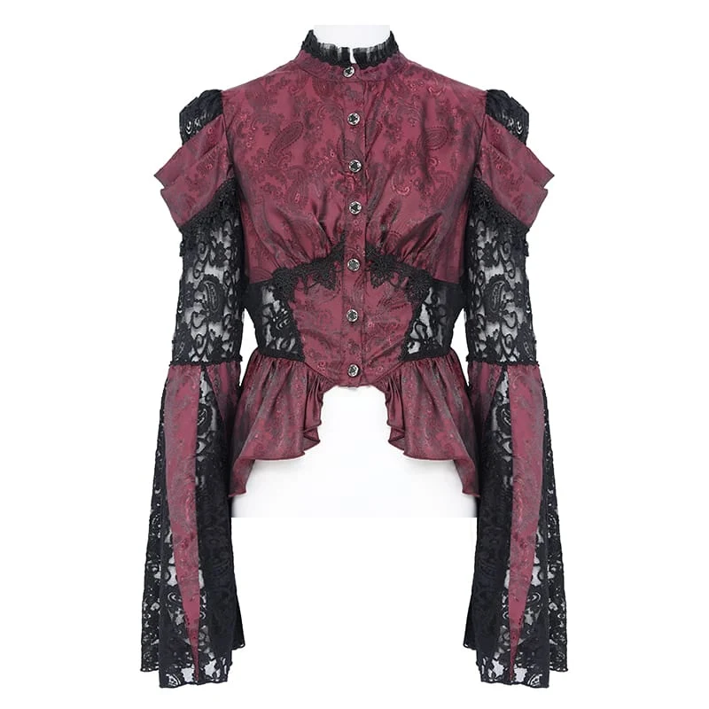 Gothic-Bluse für Damen mit floralem Spitzen-Patchwork und Jacquard-Muster sowie ausgestellten Ärmeln