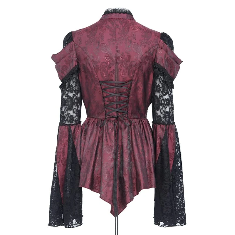 Gothic-Bluse für Damen mit floralem Spitzen-Patchwork und Jacquard-Muster sowie ausgestellten Ärmeln