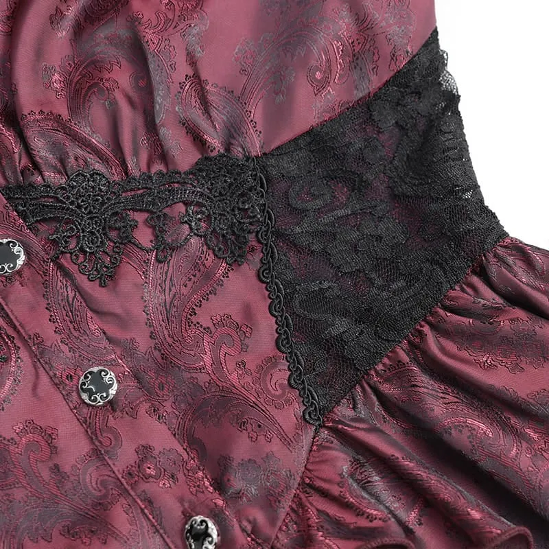 Gothic-Bluse für Damen mit floralem Spitzen-Patchwork und Jacquard-Muster sowie ausgestellten Ärmeln