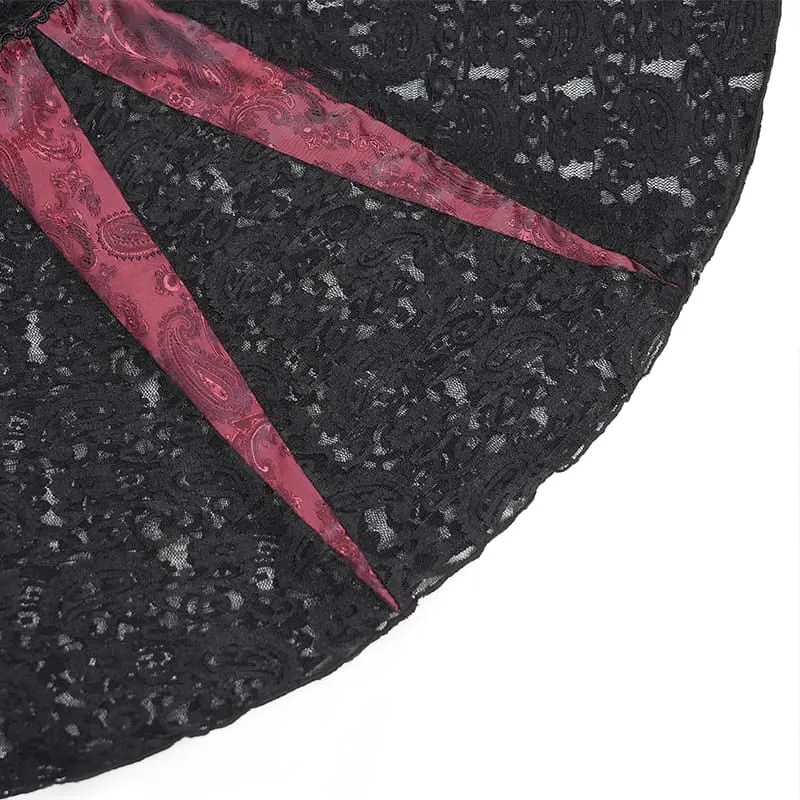 Gothic-Bluse für Damen mit floralem Spitzen-Patchwork und Jacquard-Muster sowie ausgestellten Ärmeln