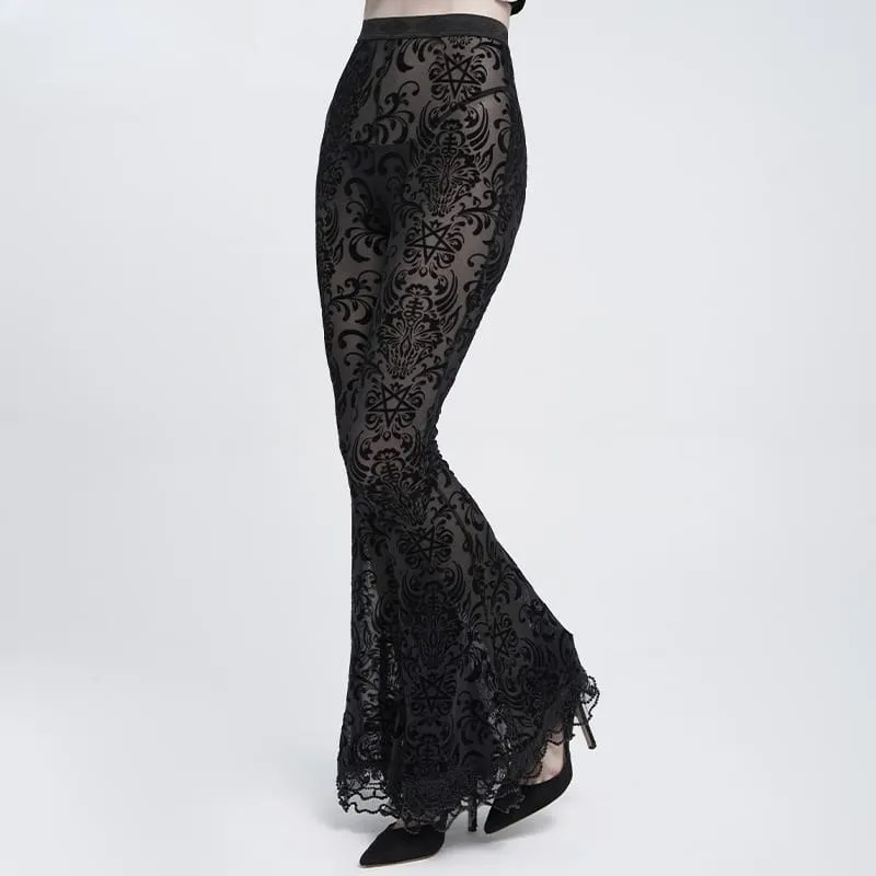 Gothic-Mesh-Hose für Damen mit floralem Pentagramm-Flockmuster und Rüschen.