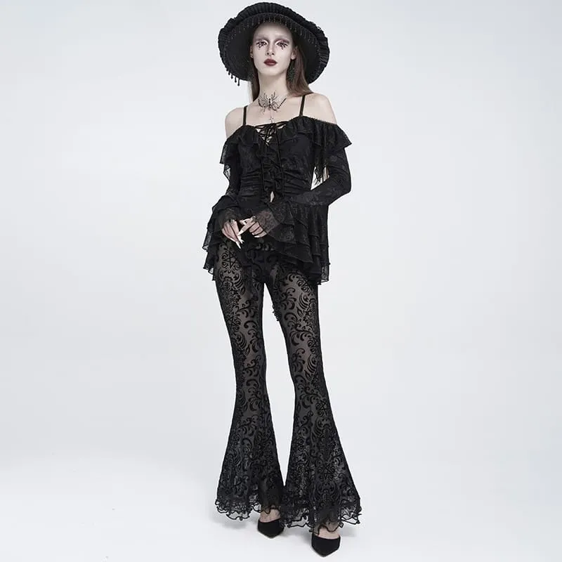 Gothic-Mesh-Hose für Damen mit floralem Pentagramm-Flockmuster und Rüschen.