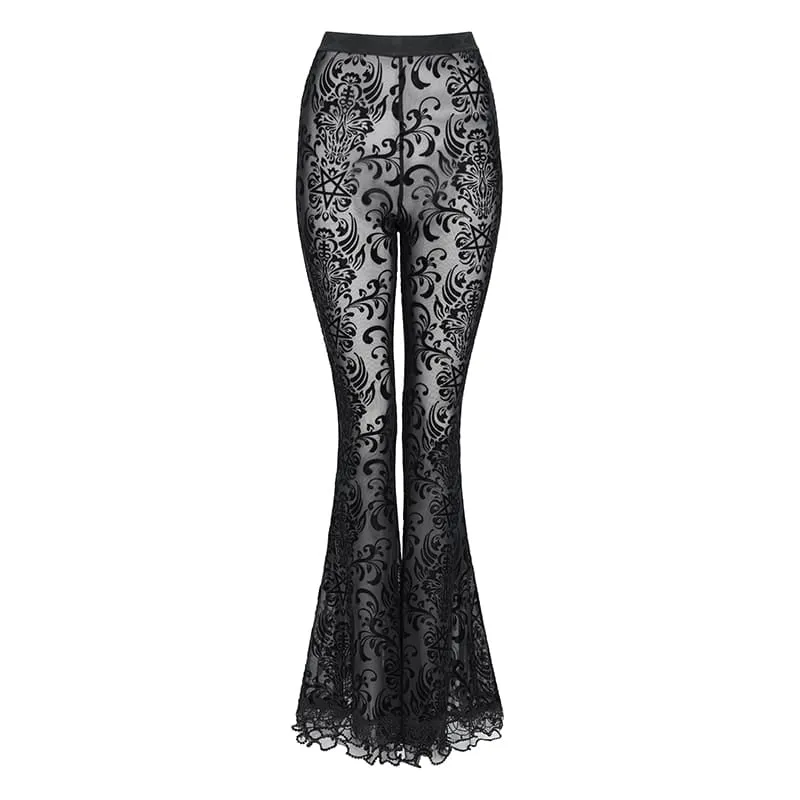 Gothic-Mesh-Hose für Damen mit floralem Pentagramm-Flockmuster und Rüschen.