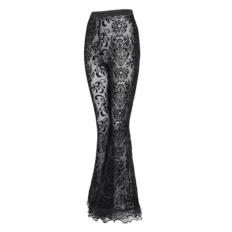 Gothic-Mesh-Hose für Damen mit floralem Pentagramm-Flockmuster und Rüschen.