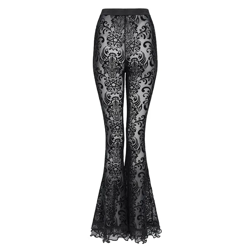 Gothic-Mesh-Hose für Damen mit floralem Pentagramm-Flockmuster und Rüschen.