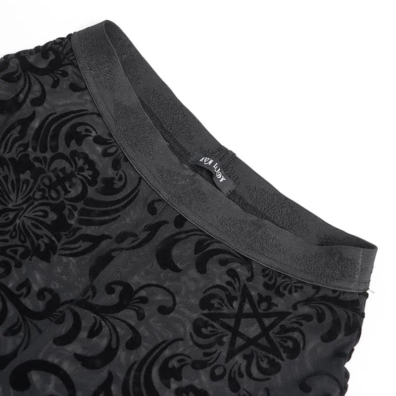 Gothic-Mesh-Hose für Damen mit floralem Pentagramm-Flockmuster und Rüschen.