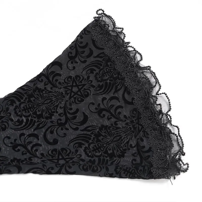 Gothic-Mesh-Hose für Damen mit floralem Pentagramm-Flockmuster und Rüschen.