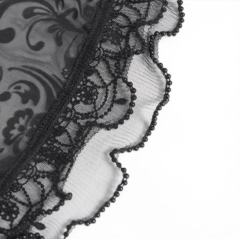 Gothic-Mesh-Hose für Damen mit floralem Pentagramm-Flockmuster und Rüschen.