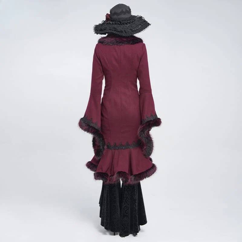 Gothic-Mantel für Damen mit Spitzenapplikationen, Kunstpelzbesatz und ausgestellten Ärmeln