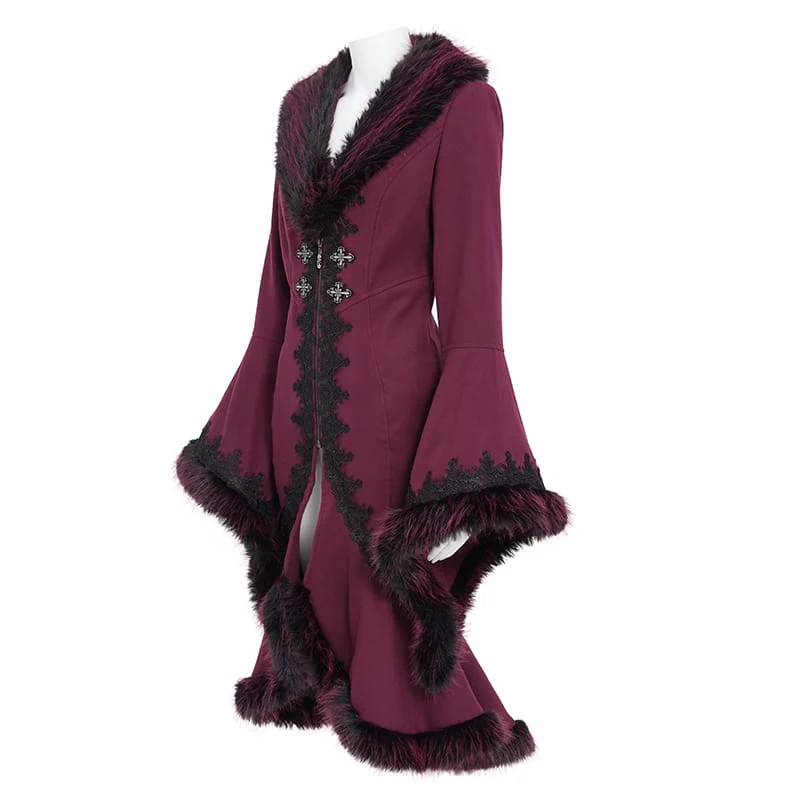 Gothic-Mantel für Damen mit Spitzenapplikationen, Kunstpelzbesatz und ausgestellten Ärmeln