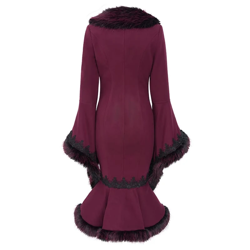Gothic-Mantel für Damen mit Spitzenapplikationen, Kunstpelzbesatz und ausgestellten Ärmeln
