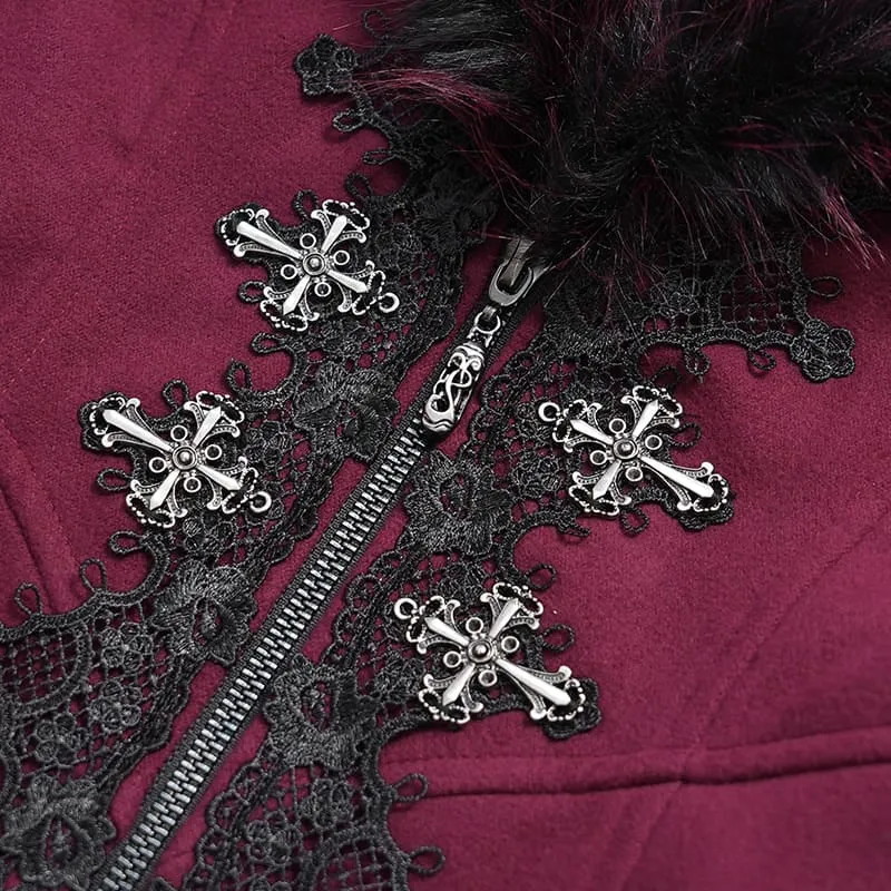 Gothic-Mantel für Damen mit Spitzenapplikationen, Kunstpelzbesatz und ausgestellten Ärmeln