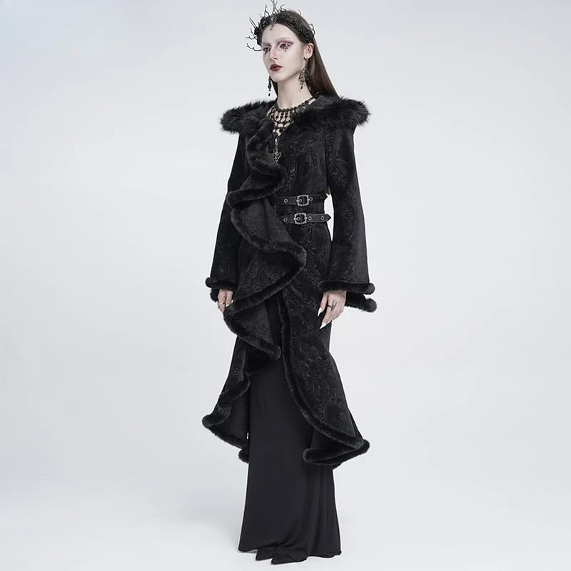 Gothic-Damenmantel mit asymmetrischem Schnallenriemen, Kapuze und Jacquardmuster