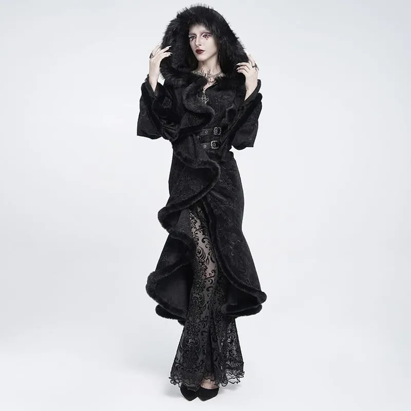 Gothic-Damenmantel mit asymmetrischem Schnallenriemen, Kapuze und Jacquardmuster