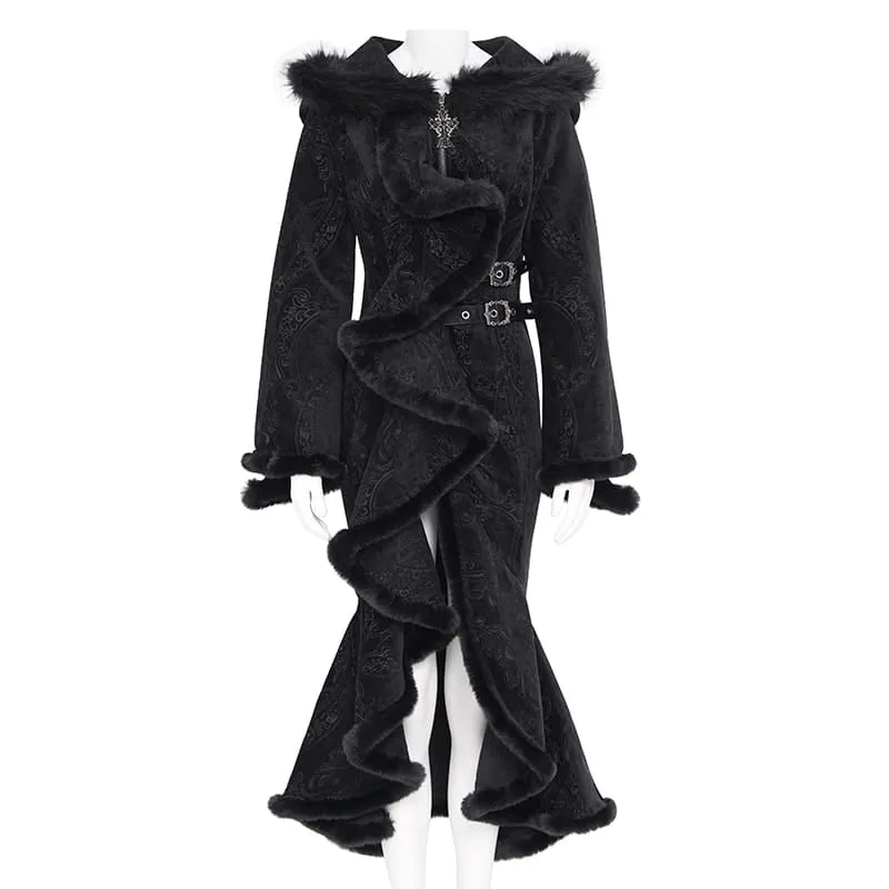 Gothic-Damenmantel mit asymmetrischem Schnallenriemen, Kapuze und Jacquardmuster