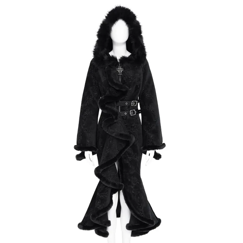 Gothic-Damenmantel mit asymmetrischem Schnallenriemen, Kapuze und Jacquardmuster