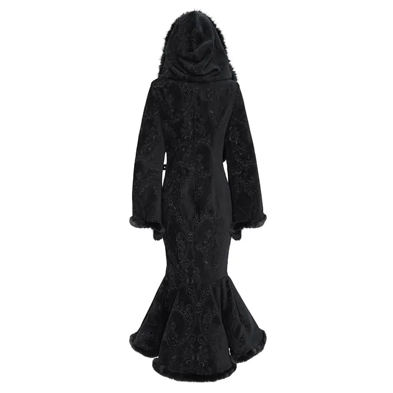Gothic-Damenmantel mit asymmetrischem Schnallenriemen, Kapuze und Jacquardmuster
